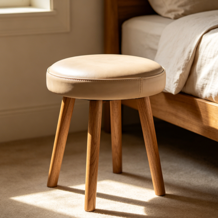 Small Round Faux Leather Vanity Stool with Wooden Legs