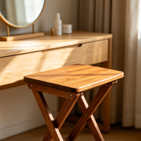 Compact Acacia Wood Folding Stool for Vanity Area