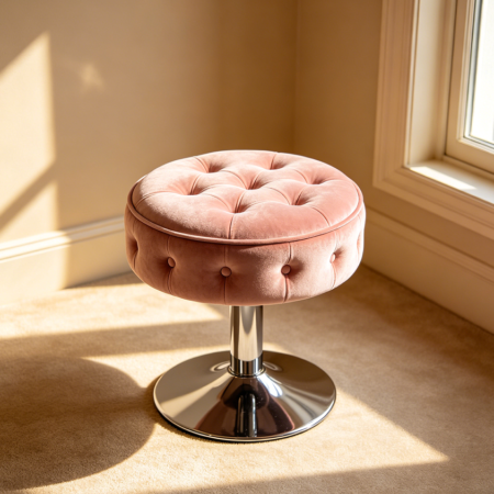 Round Tufted Velvet Vanity Stool with Metal Base