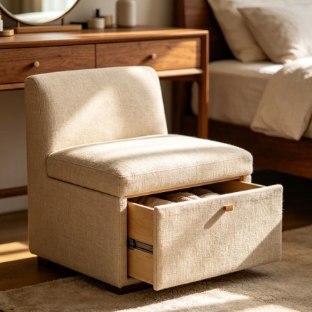 Low Backrest Linen Fabric Vanity Stool with Storage
